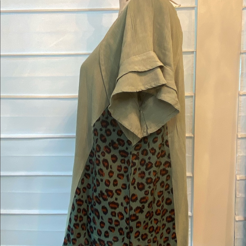 Umgee Top Sage Green with Leopard Print under arms- size M